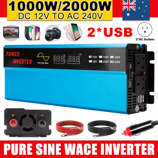 1000W 2000W Pure Sine Wave Power Inverter Car Converter 12V to 240V Camping 2USB