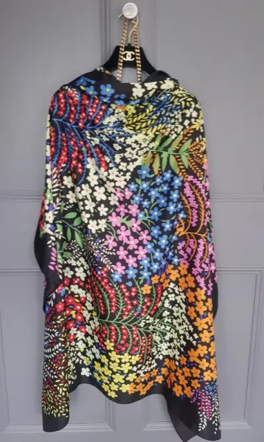 Ladies Black Colorful Flower Arty Design Print Long Large Neck Scarf