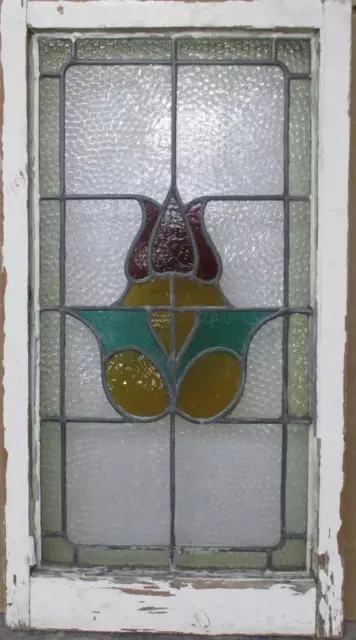 MIDSIZE OLD ENGLISH LEADED STAINED GLASS WINDOW Pretty Floral 17" x 31.5"