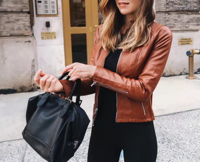 WOMEN S GENUINE LAMBSKIN Brown Leather Motorcycle Slim fit