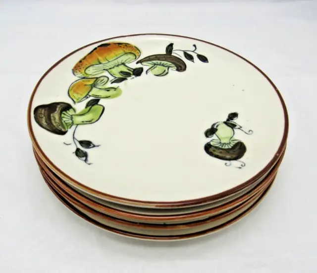Mushroom Hand Painted Porcelain Dessert Salad Side Plate 1960s Japan Set of 4