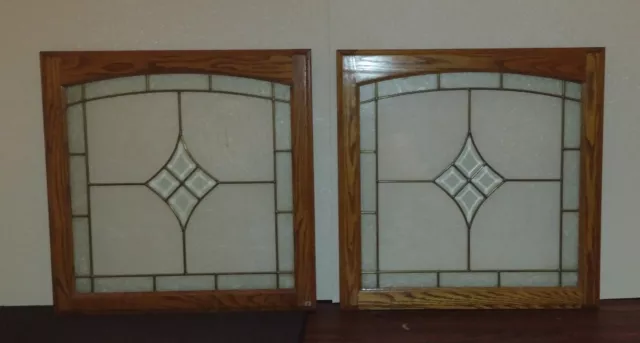 Vintage Oak  Leaded Glass Cabinet Doors Panels Beveled Textured Pair 26 x 26