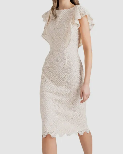 $441 Shoshanna Women's Ivory Flutter-Sleeve Lace Dress Size 6