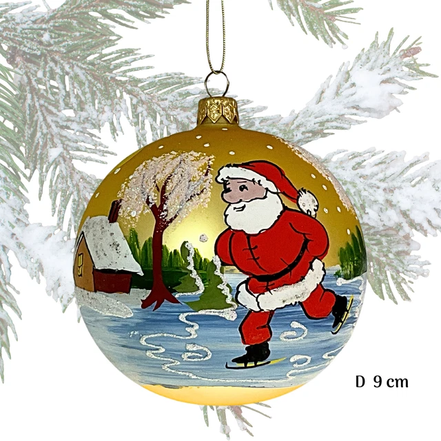 Boule De Noël En Verre Soufflé à La Main, Motif Bonhomme De Neige Et Ourson - Diam. 9 Cm, Rouge, Fabriquée En Ukraine