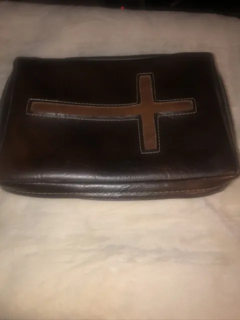Unique Vintage Brown Leather Bible Book Cover With Embroidered Cross Design/Zip