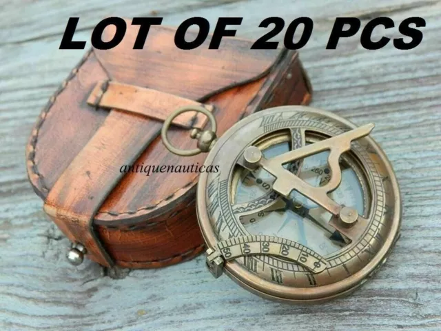 Maritime Vintage Brass Sundial Compass Lot Of 20 Pcs With Leather Box Handmade