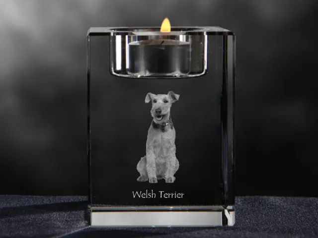 Welsh Terrier, crystal candlestick with dog, souvenir, Crystal Animals UK