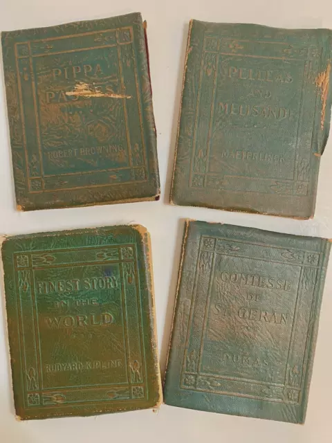 Lot/4 Antique Little Leather Library Books: Browning/Kipling/Dumas/Maeterlinck
