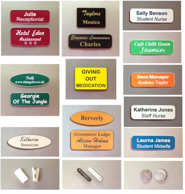 Business personalised engraved name badges Magnet - pins - croc clip fitting