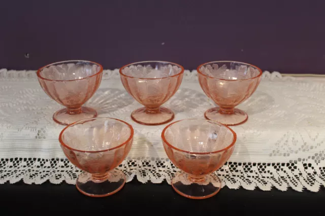 Set of 5 JEANETTE PINK POINSETTIA sherbet floral depression glass 1930's
