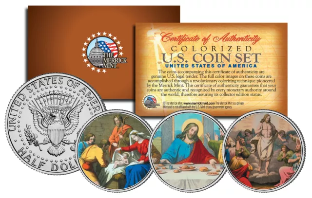 JESUS Nativity - Last Supper - Resurrection Colorized JFK Half Dollar 3-Coin Set