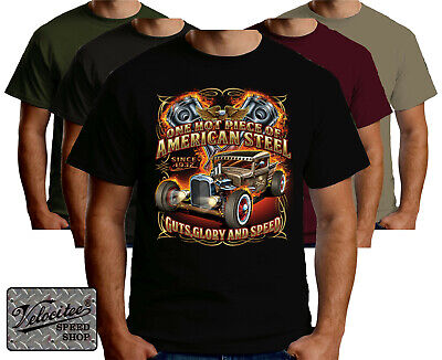 Velocitee Da Uomo T-shirt americane dell'acciaio HOTROD Hot Rod Rockabilly A22698