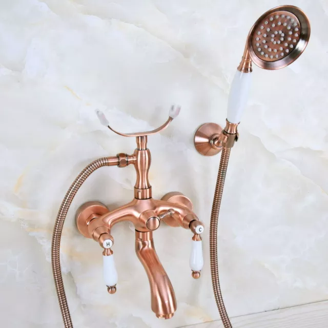 Wall Mount Bathtub Faucet Antique Red Copper Mixer Tap with Hand Shower Spray