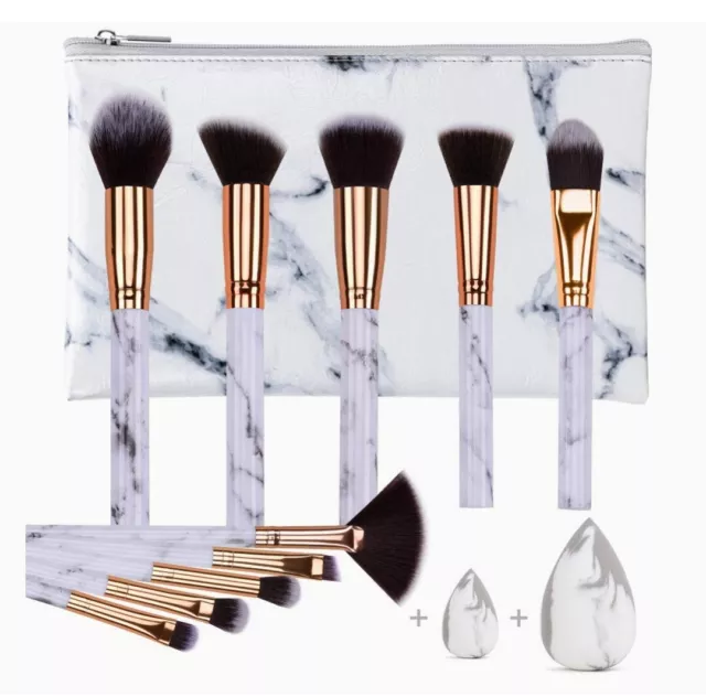 BEAKEY Set  Pennelli Make Up Premium  10 + 2 spugne + sacco cosmetico  marmo