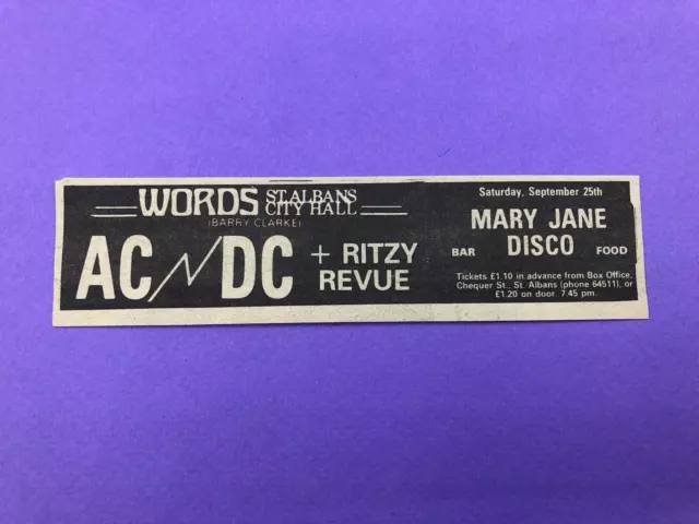 AC/DC 1976 St. Albans Gig Music Press Advert Cutting Ritzy Revue