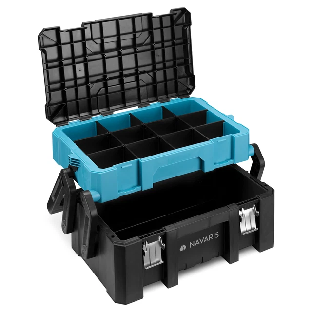 Caja de herramientas cantilever con compartimentos y asa para taller tornillos