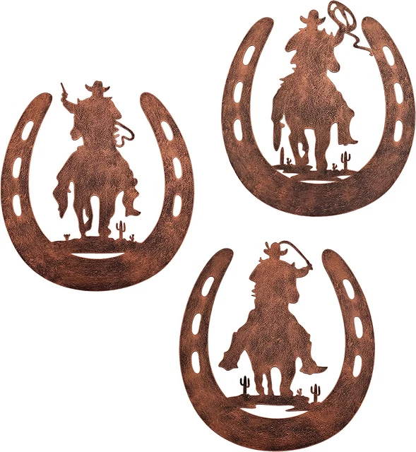 WAIU horseshoe metal wall art décor with cowboy, western rustic style horse shoe