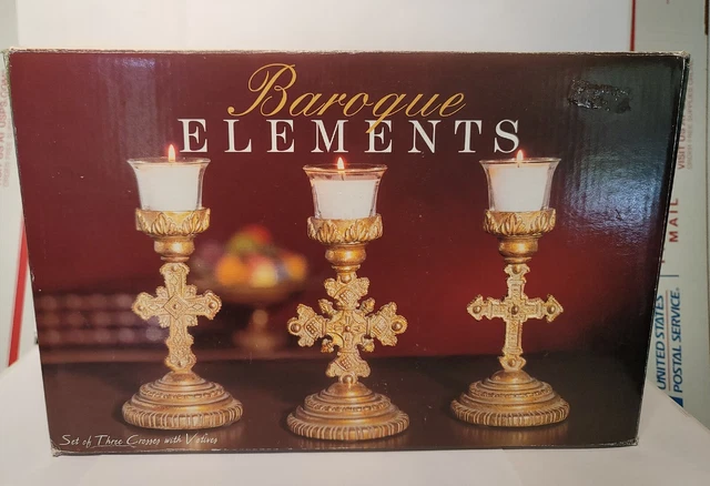 3 BAROQUE Elements Candle Holders. Crosses w Box Christmas. No glass votives!