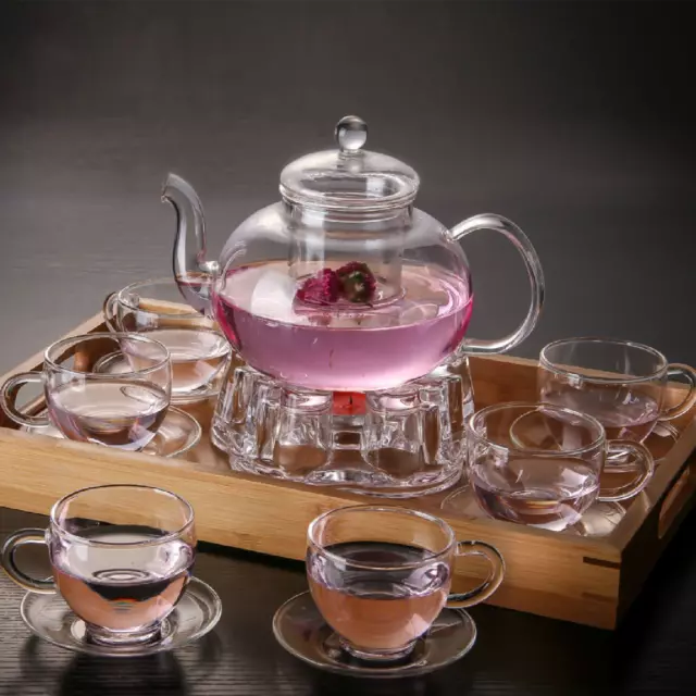 8 Piece Glass Tea Set 1500ml Glass Teapot With Infuser + 1 Teapot Warmer + 6 Cup