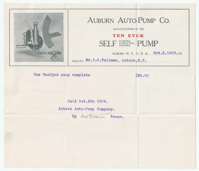 RARE Billhead - Auburn Auto-Pump Company Ten Eyck - Auburn NY 1909 - w Graphic