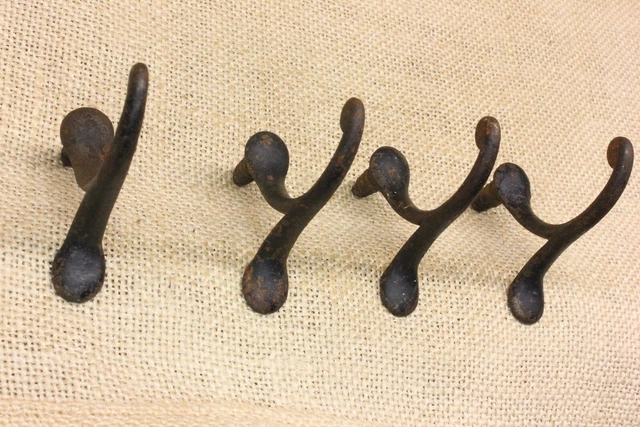 4 Old Single Coat Hooks School Farmhouse Clean Cast Iron Vintage 1850’s Screw in 2