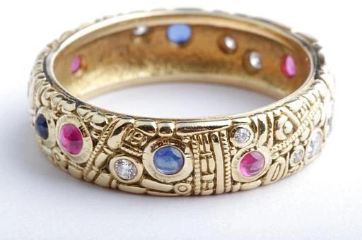 Designer Ring Saphir Rubin Cabochon Brillanten 750 18K Gelb Gold Gr. 56