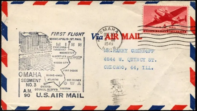 US AIRMAIL 10.10.1949, First Flight OMAHA-FORT DODGE-MINNEAPOLIS, Letter Fine
