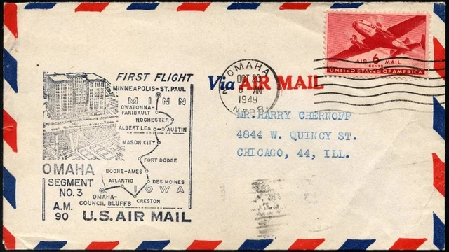 US AIRMAIL 10.10.1949, First Flight OMAHA-FORT DODGE-MINNEAPOLIS, Letter Fine