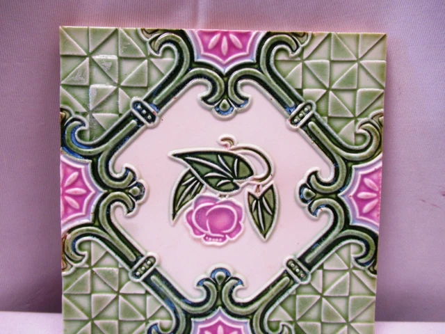 Antique Art Nouveau Majolica Tile Pink Flower Geometric Design Embossed Gree"511 3