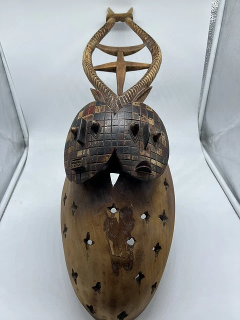 African Tribal Wood Mask Hand Carved Two Faces Primitive Art Decor