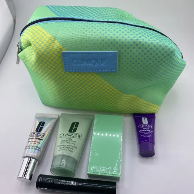 Clinique 5 PCS Travel Size Makeup Deluxe Sample Gift Set Green Yellow Bag