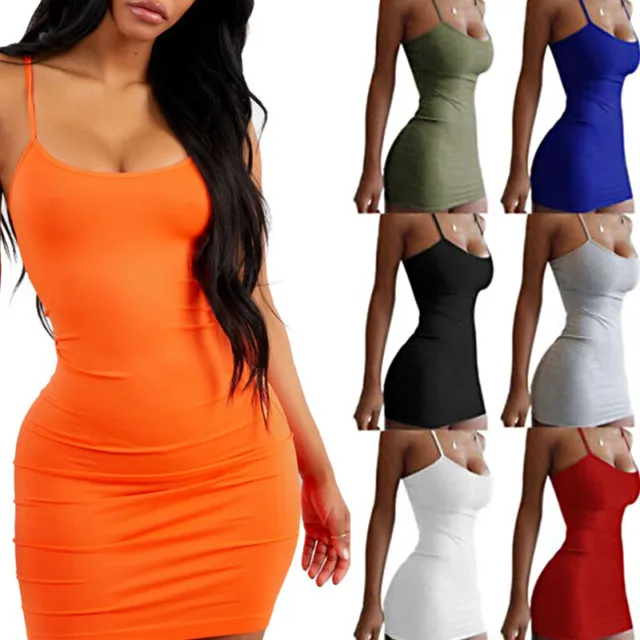 Women Bodycon Mini Tank Dress Spaghetti Strap Solid Sexy Party Club Wear Dress