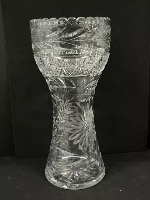 Antique American Brilliant Heavy 12" Cut Crystal Corset Vase ABCG Sunburst