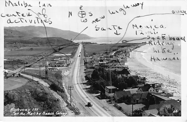 Postcard CA: RPPC Highway 101 Malibu Coast Aerial View, Late 1940's