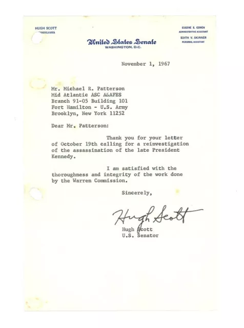 U.S. SENATOR HUGH SCOTT signed 1967 TLS letter WARREN COMMISSION JFK