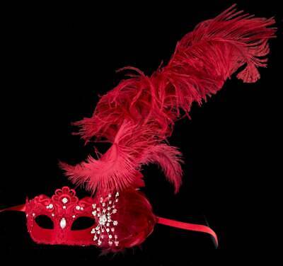 Mask from Venice Colombine Red - Lace Burano - Feathers Ostrich 536