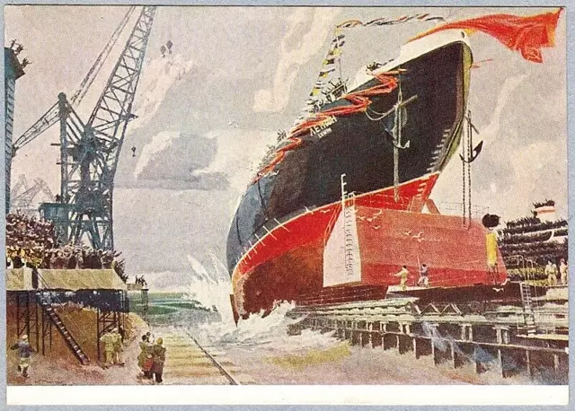 V.Shtranikh 1961 Russian Socialist Realism postcard Nuclear ICE BREAKER LENIN