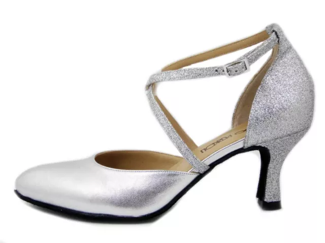 Chaussures Femme De Danse Cuir Et Glitter Argenté Talon Moyen 7 CM Made IN Italy
