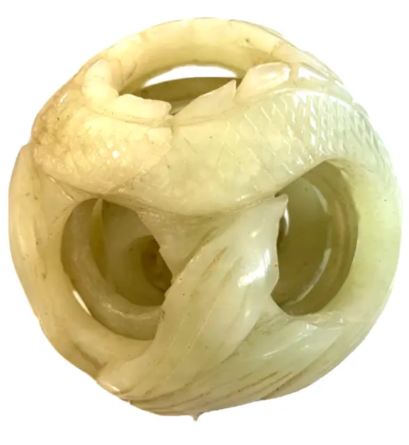 Chinese Celadon Jade  Carved Puzzle Ball Dragon and Pearl