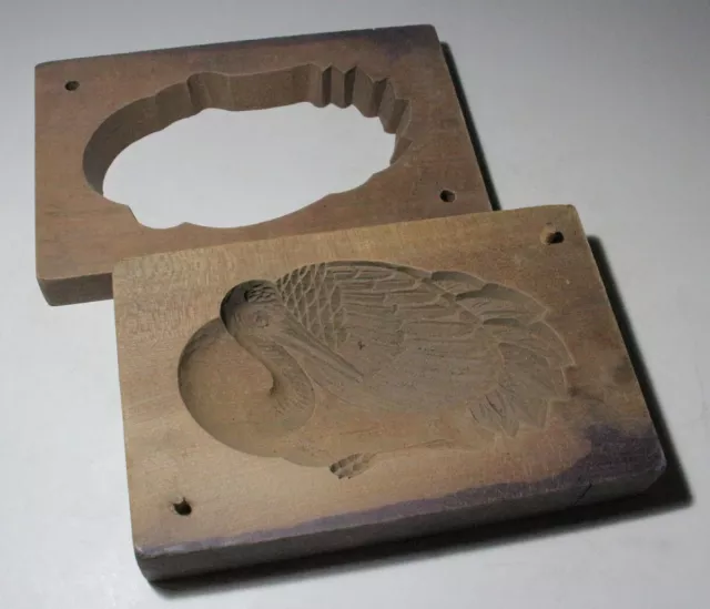 [Y] Japanese Antique Art Wooden Rice Cake Mold "KASHIGATA" Crane Carving RARE NR