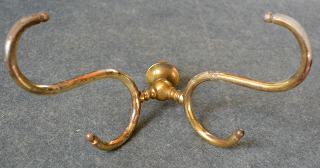 ANTIQUE VICTORIAN BRASS ON IRON LARGE DOUBLE HALL TREE COAT & HAT HOOK (3c)