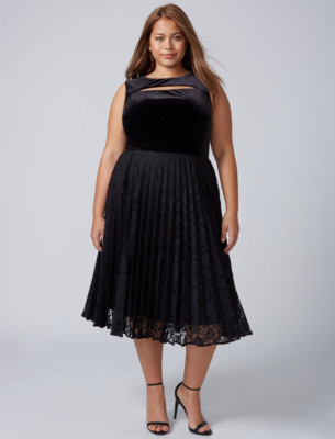 Lane Bryant Velvet Pleated Midi Dress Women Plus 18-20-22 Black Lace Skirt 2x 3x