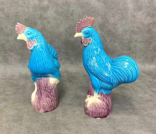 Pair of 2 Chinese Mud Chickens 8” Turquoise Purple Rooster Porcelain Mudman VTG