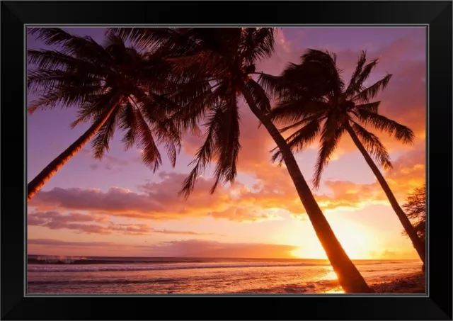 Palm trees at sunset, Olowalu, Maui, Black Framed Wall Art Print, Palm Tree Home