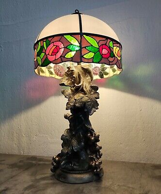 Antica Lampada In Vetro Piombo Stile Tiffany Con Base In Gesso E Resina Liberty