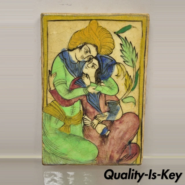Antique Persian Iznik Qajar Style Green Ceramic Pottery Tile Loving Couple C5
