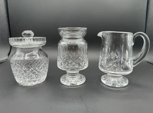 3 WATERFORD CRYSTAL Pieces: Alana Preserve Jar, Lismore Creamer &Open Sugar Bowl