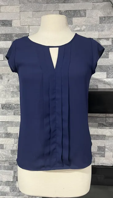Express Women's Chiffon Short Sleeve Navy Blue Pleated Shirt Size XS