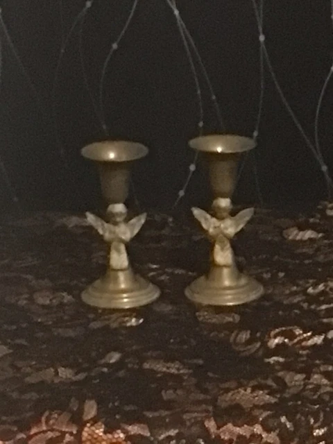 Stunning Pair of antique Brass 5 in. tall eye catching Angel Candlesticks