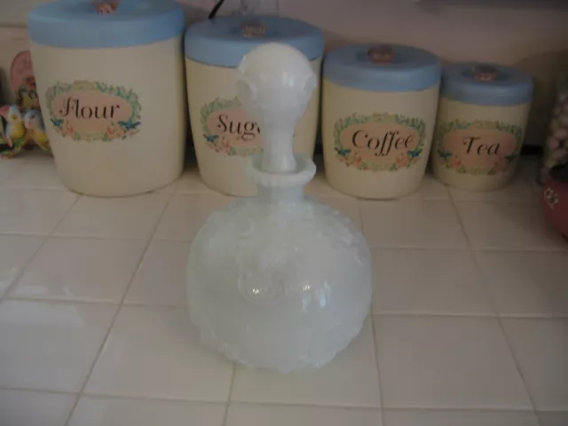 Antique Victorian Milk Glass Cologne Perfume Vanity Bottle With Embossed Design